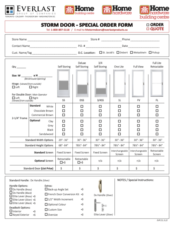 Preview of the Storm Door Special Order Form